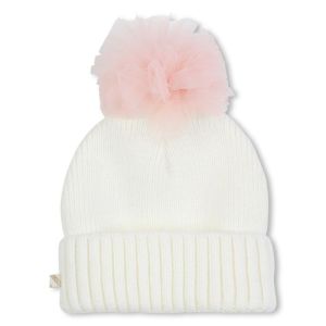 Bonnet tricot à pompon résille Beige